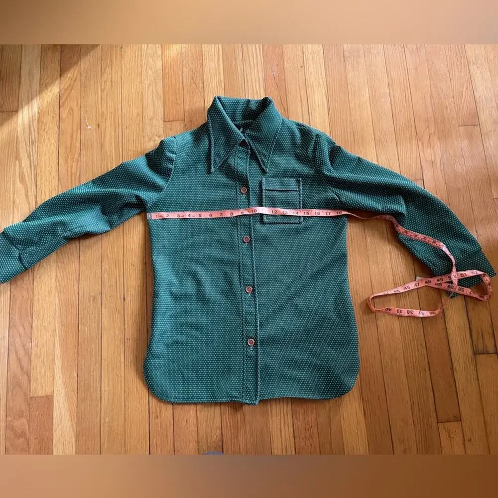 70s Vintage Green Swiss Dot Polka Dot Shirt Jacket w Dagger Collar - Picture 5 of 5